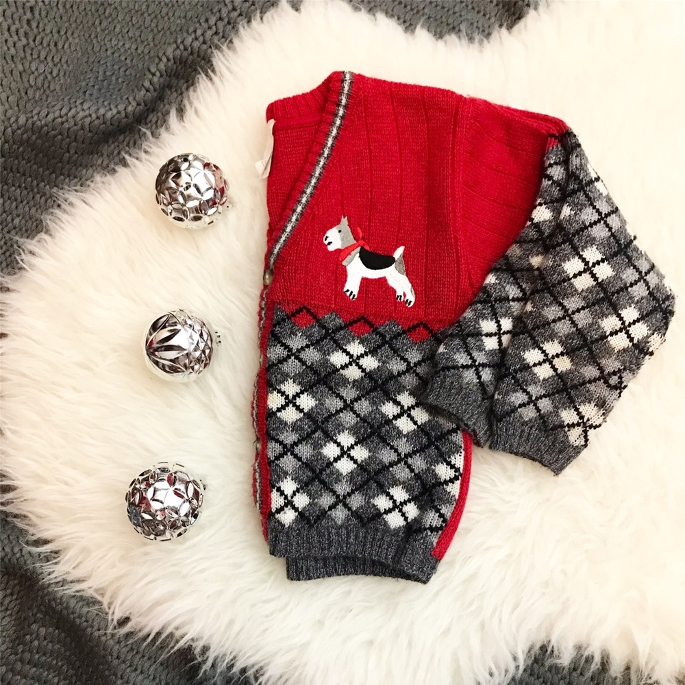 Acrylic Argyle Scottie Dog Red Cardigan Sweater